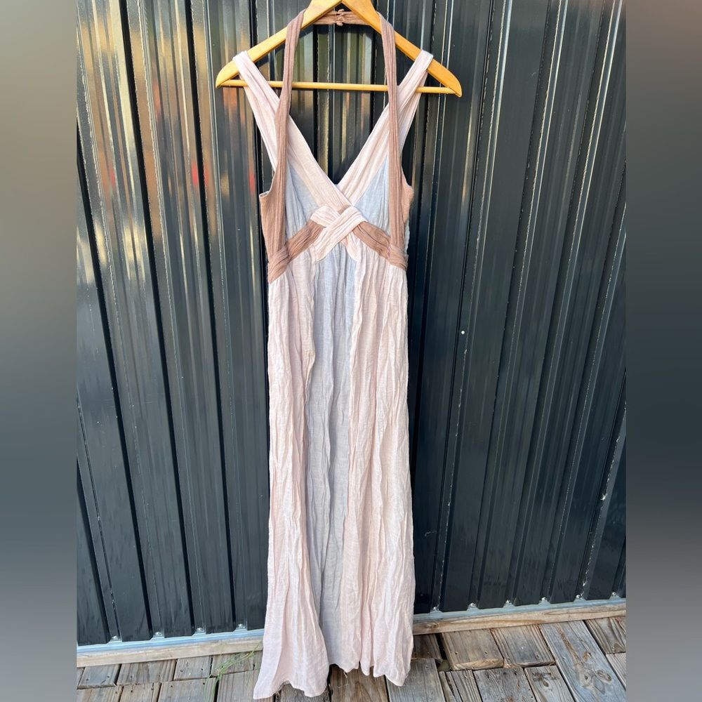 Altar'd State Pink and Cream Grecian Goddess Gown Maxi Dress M Boho Wedding Chic